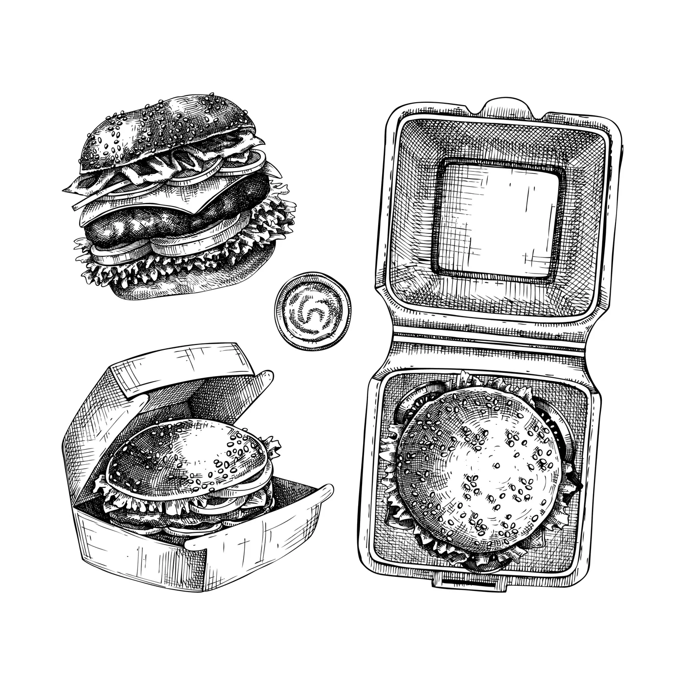Fast food hand drawn vector illustrations. Different burger sketches. Takeaway food or restaurant delivery service vintage style design elements.  Illustration